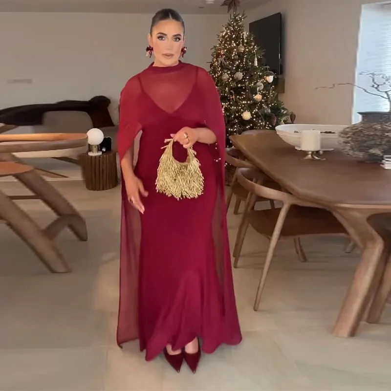 Sheer Cape ผู้หญิงชุดราตรี Elegant Slim V คอแขนกุดสะโพกชุดผู้หญิง 2026 Lady Party Vestidos — image 10