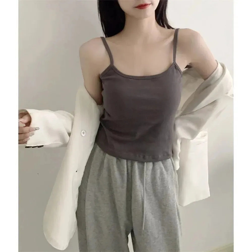 1PC Korean Women's Solid Color Spaghetti Straps Sleeveless Slim Camisole With Chest Pad — image 6