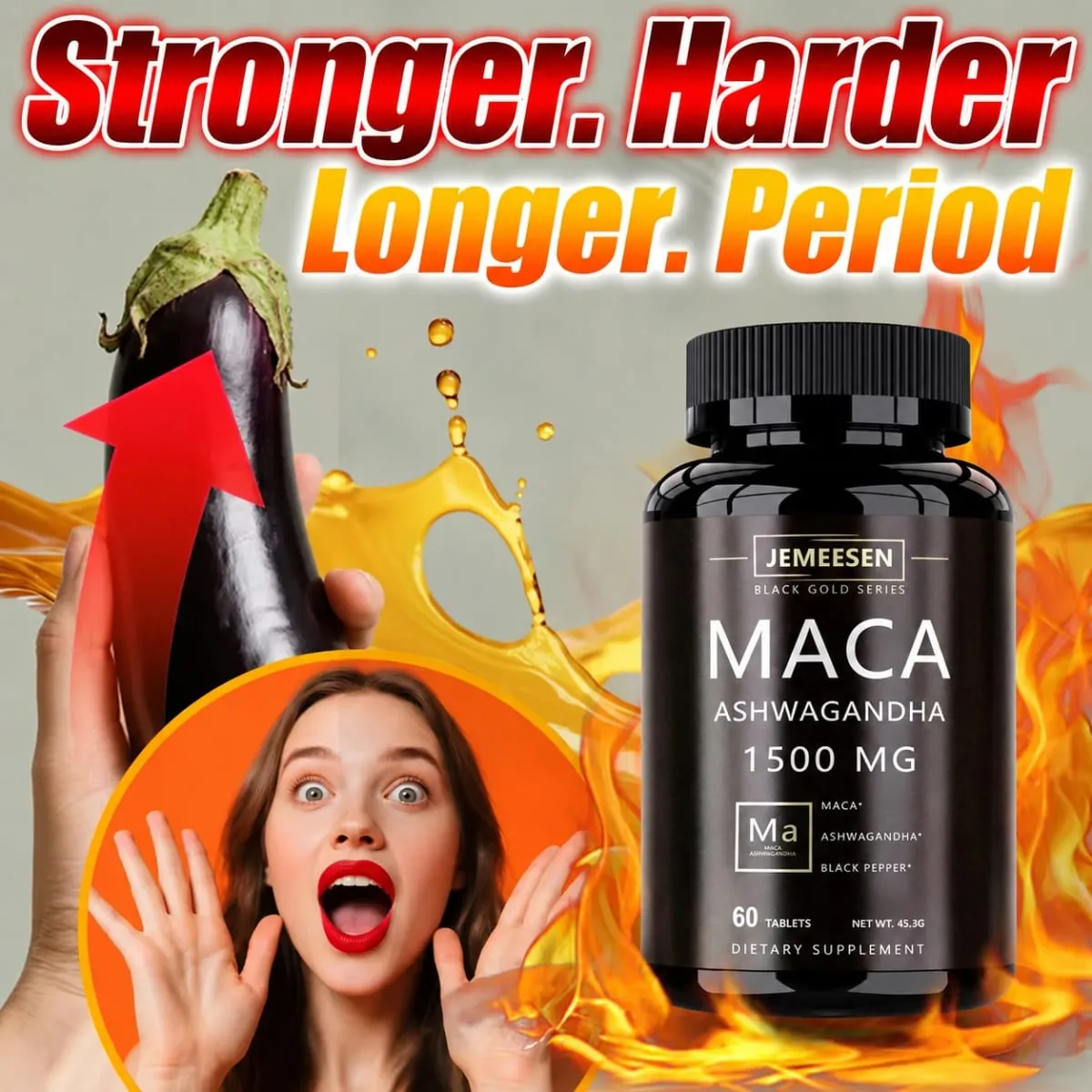 유기농 마카 뿌리 분말 캡슐 1500mg, 마카 뿌리 추출물 Ashwagandha 검은 후추 보충제 함유 남성용 — image 1