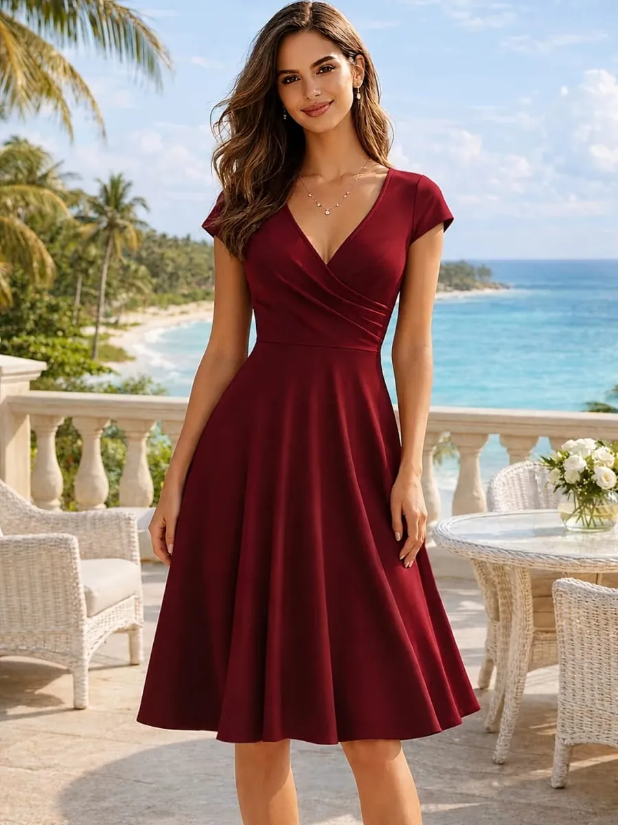 Damen-Kleid, elegant, Rundhalsausschnitt, Sommer, kurzärmelig, einfarbig, A-Linie, knielang, Kleid mit hoher Taille, für Party, Hochzeit, lässiger Abgang — image 2