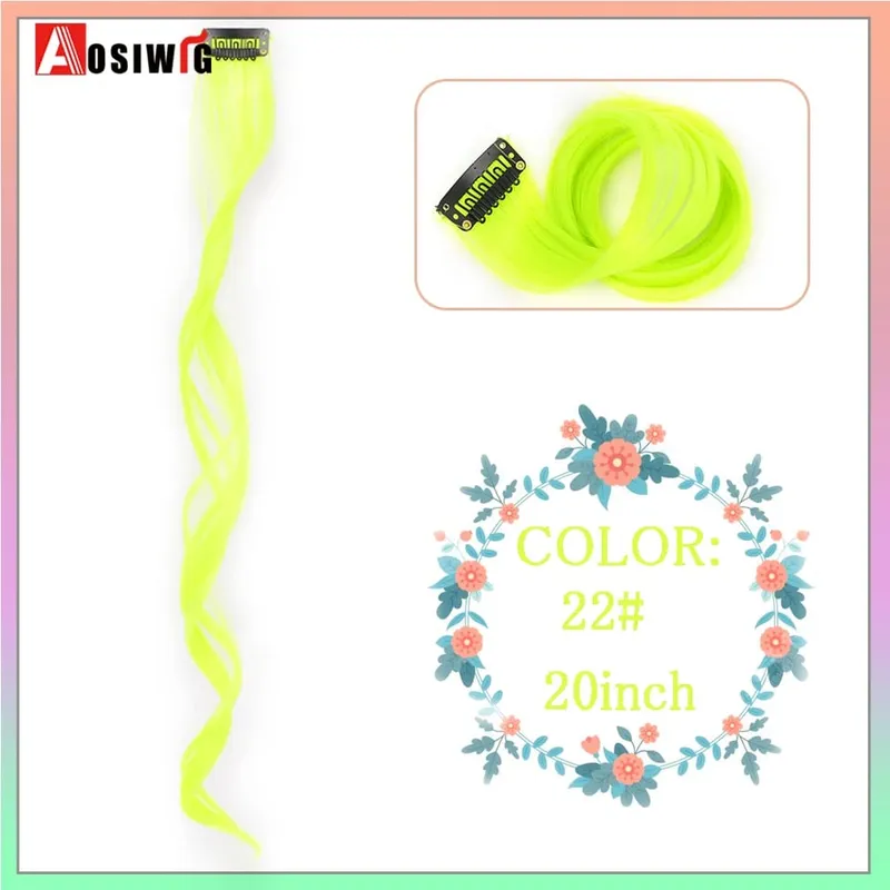 Extensions de cheveux synthétiques lisses et longues à reflets arc-en-ciel, 22 pouces, Clip en une seule pièce, ombré rose violet vert jaune pour femmes — image 16