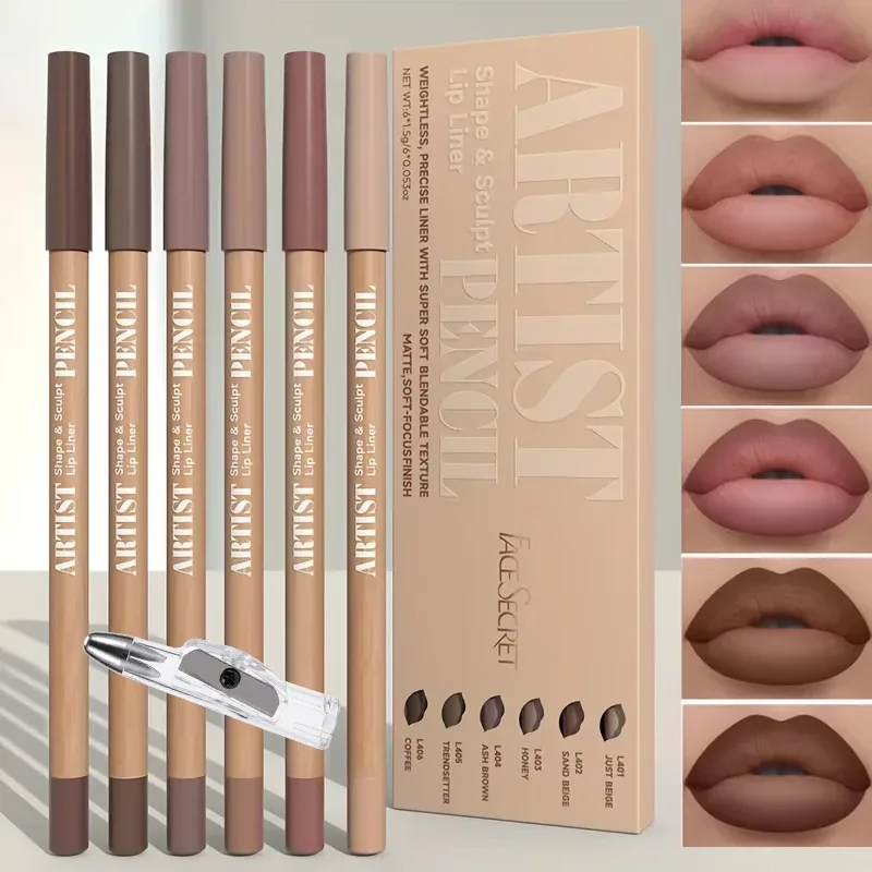 Juego de maquillaje de labios de 7 piezas: 6 delineadores de labios mate + 1 sacapuntas. Delineadores de labios mate de larga duración con fórmula resistente al agua