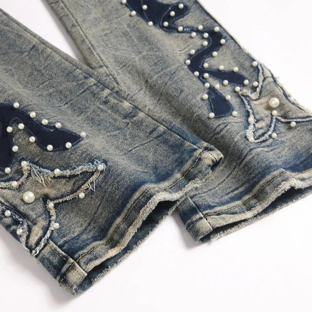 Pantalones vaqueros de mezclilla con corte de bota de perlas para hombre, parches bordados, pantalones acampanados ajustados, ropa de calle informal, pantalones azules Vintage — image 5