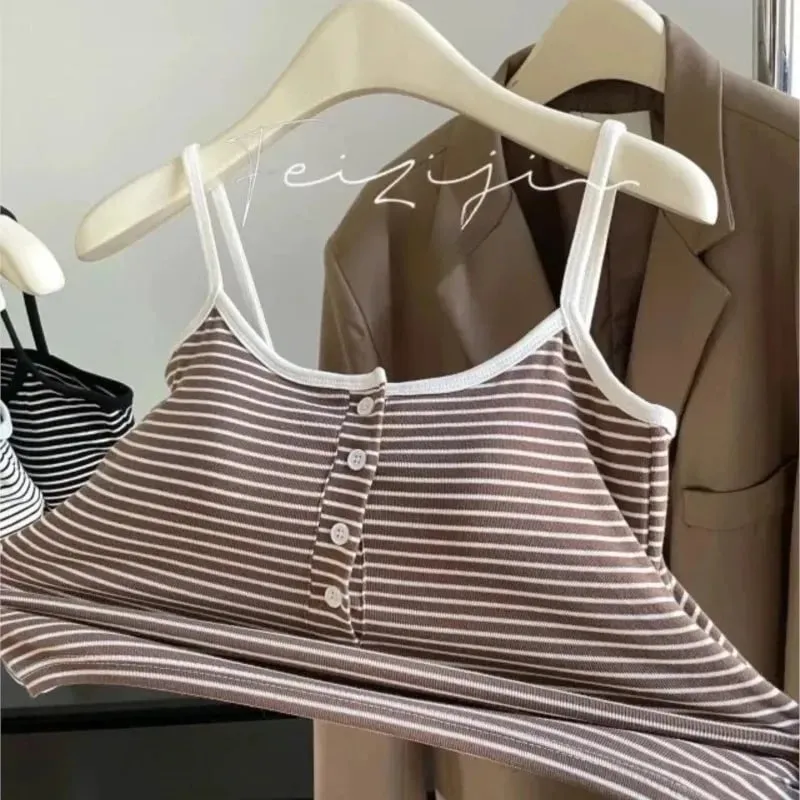 Jaket Wanita Berjalur Bersepadu Pakaian Dalaman Butang Pakai Luar Cawan Tetap Tanpa Bra Sukan Atasan Kapas Gaya Pendek 100% Rompi Pendek — image 4