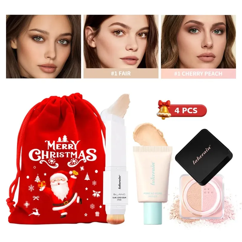 4 stk Ansigtsmakeup Sæt Foundation Stick Pore No More Primer Loose Setting Powder Langtidsholdbar mat Begynder Makeup Julegave