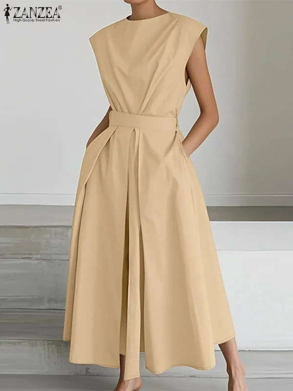 Elegant Chic ผู้หญิงชุดยาวลำลองแขนสั้นคอเอวสูง Casual & Day เสื้อชุดสีทึบ S-3XL — image 15