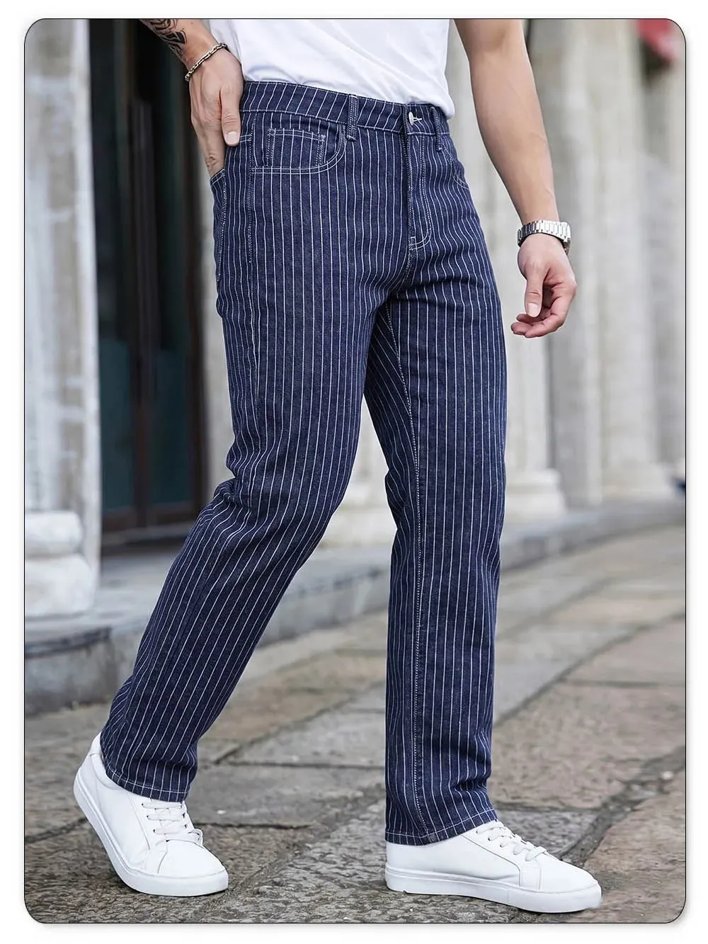 Leichte, luxuriöse, blau-weiß gestreifte Jacquard-Jeans mit schmaler, elastischer Passform und geradem Bein. Business-Casual-Jeans für Pendler — image 5