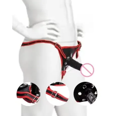 Mastürbasyon ve Yetişkin Seks Oyuncakları için Kırmızı Sınırlı Deri Çıkarılabilir SM Pull-up Pantolonlu Üç Başlı Kadın Yapay Penis Giyen Pantolon
