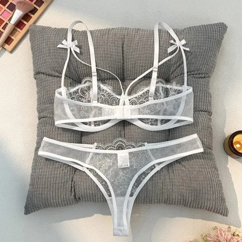 Ensemble 2 pièces noir confortable et léger pour femmes, ensemble soutien-gorge et culotte en dentelle brodée, Semi-transparente, bretelles réglables — image 3