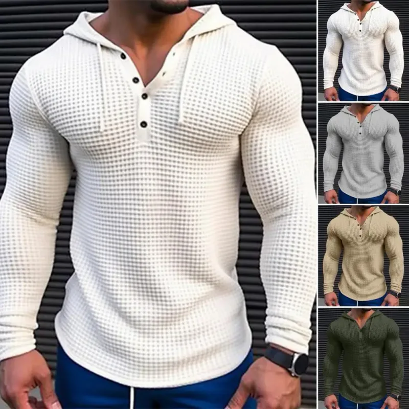 Spring Solid Color Slim Fit Long Sleeved T-shirt Men's Hooded Breathable Sports Top Waffle Cotton Casual Long Sleeved Shirt — image 5
