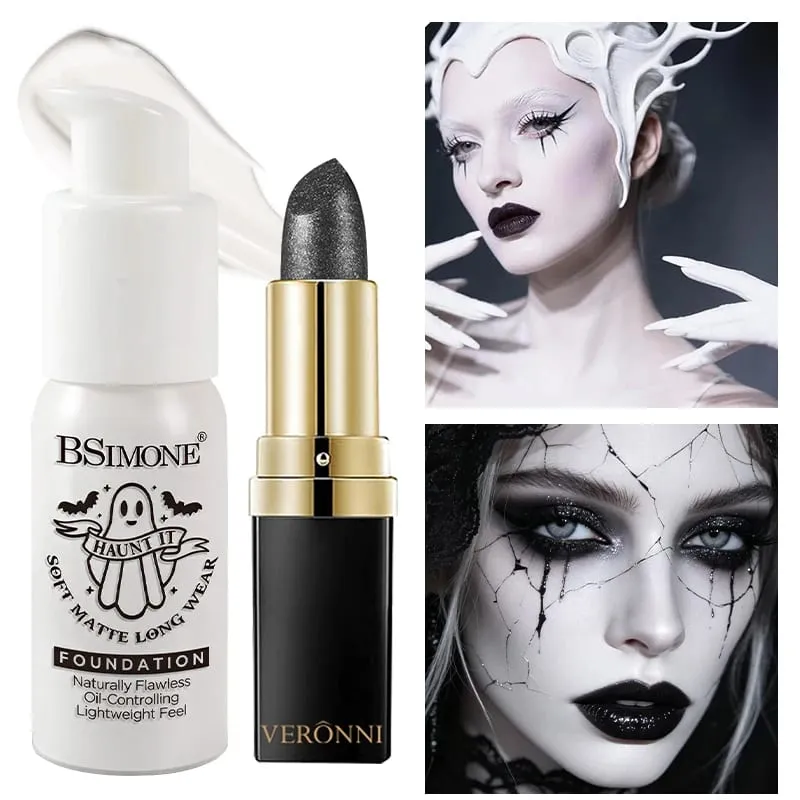 2pcs Set Black Diamond Glitter Lipstick & White Foundation Halloween Cos Stage Creative Makeup Kit For Face & Lip