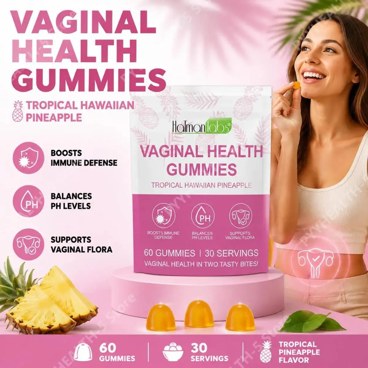 HalmanLabs Vaginal Health Gummies mit Probiotika und Vitamin C gleichen den pH-Wert aus und unterstützen die Vaginalflora – 60 Gummies — image 2