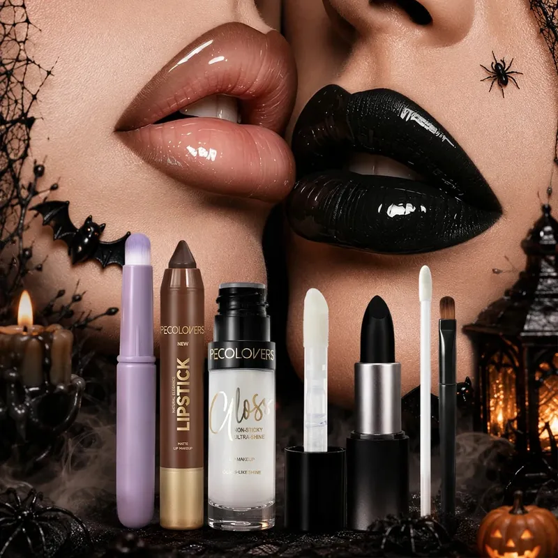 6PCS Set Solekan Bibir Gincu Berpigmen Hitam Pensel Pelapik Bibir Kaca Jelas Bersinar Seperti Bersinar Lip Gloss Berus Leper Bulat Calit Bibir — image 6