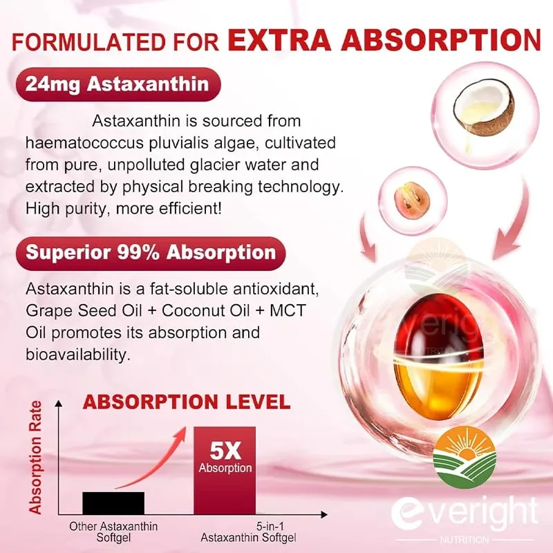 Suplementos de astaxantina 24 mg Fuente de microalgas frescas Aceite de semilla de uva Ashwagandha - Antioxidantes para el envejecimiento saludable de la piel y los ojos — image 2