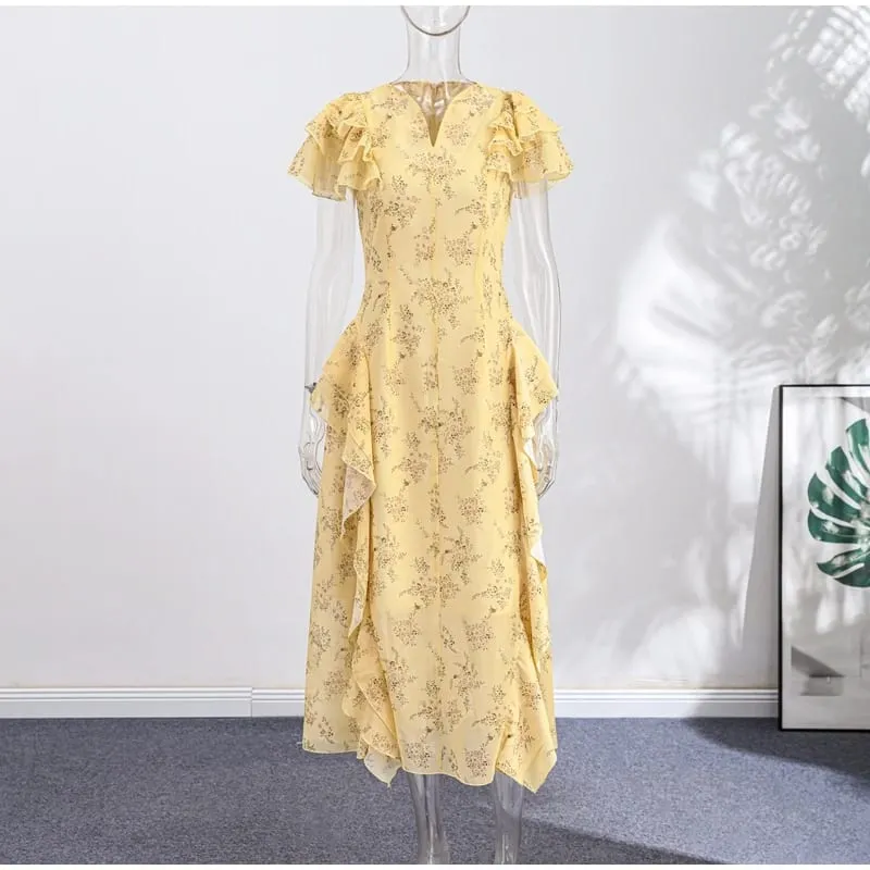 Robe imprimée florale, col montant, à volants, à plusieurs niveaux, taille cintrée, manches flottantes, été 2026, robe décontractée et délicate pour femme