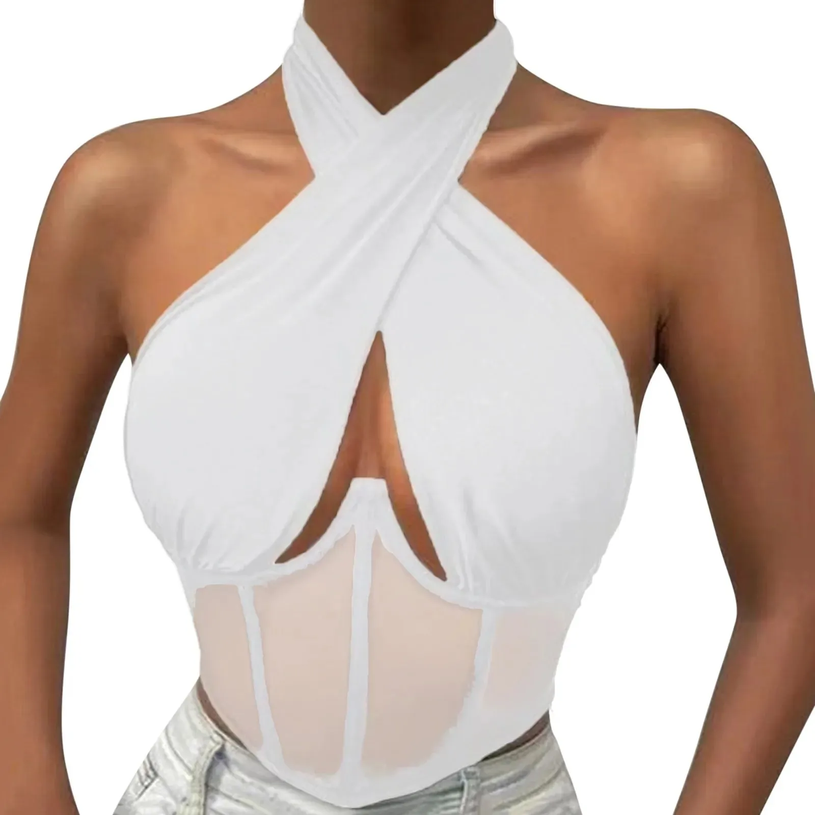 Frauen Ärmellose Fishbone Korsett Weste Solide Aushöhlen Cropped Top Sommer Halter-Backless Sexy Tops Y2k Camis Ropa De Mujer — image 8