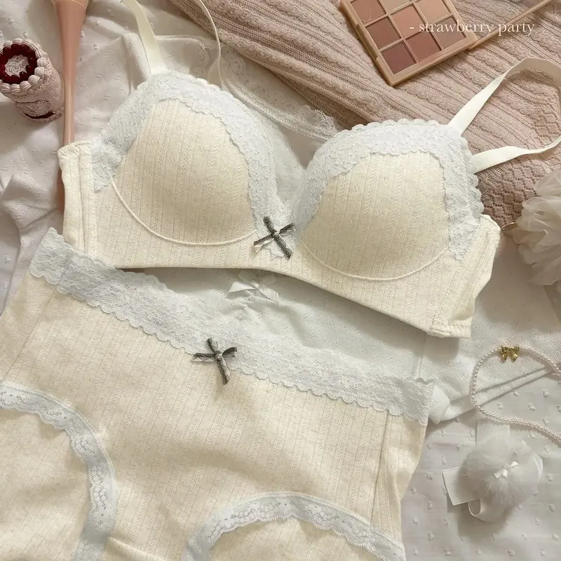 Sweet Girl Lace Edge Floral Bra Set Women Non-steel Ring Beauty Back No Steel Hoop Anti Sagging Underwear Cotton Comfortable Bra — image 13