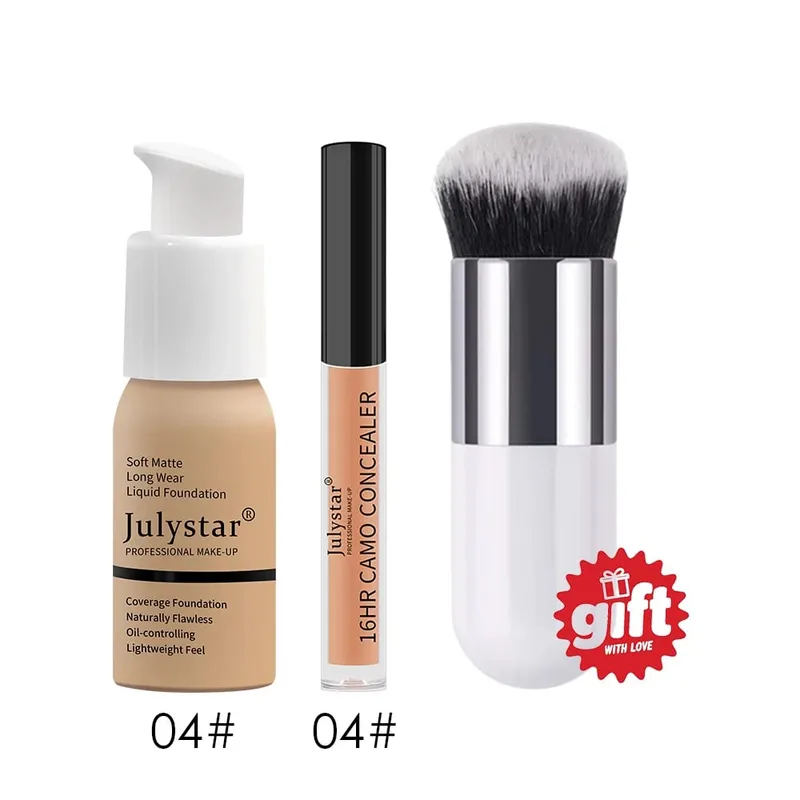 ชุดแต่งหน้าพื้นฐาน 3 ชิ้น แปรงรองพื้นและคอนซีลเลอร์ฟรี Matte 16H Oil-Control Lightweight Full-Coverage สำหรับใบหน้ารายวันอย่างเป็นธรรมชาติ