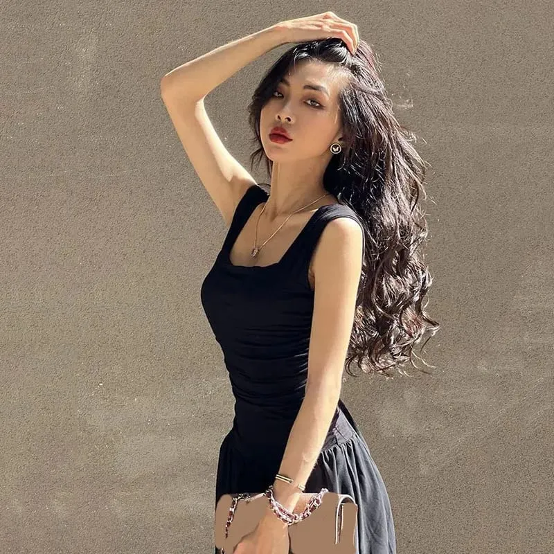 Black Wide Strap Maxi Dress for Women Summer Elegant Temperament High-Waist Party Long Dresses Sexy Ruched Bodycon Midi Dress — image 4