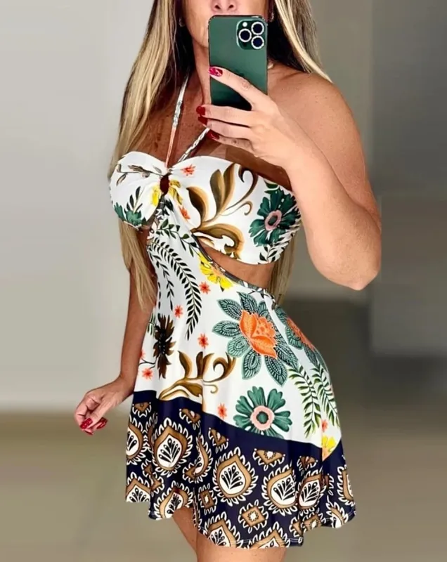 Floral Print Halter Neck Cutout Mini Dress Beach Vacation Cover Up — image 2