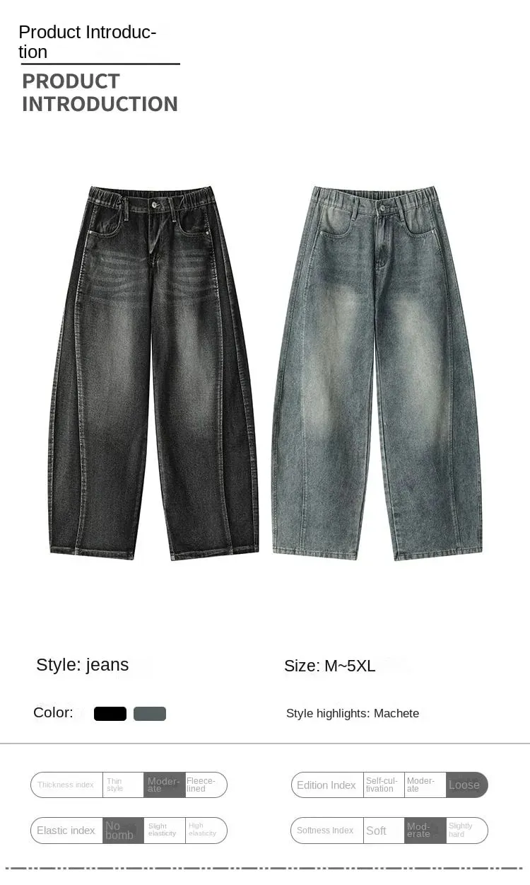 Jeans denim curvi da uomo taglie forti Pantaloni streetwear larghi larghi fino al pavimento con giunture lavate High Street retrò — image 9