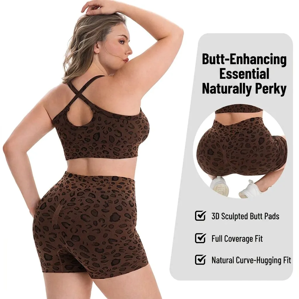Women Plus Size Leopard Print Workout Set High Waist Tummy Control Shorts Padded Racerback Sports Bra 2PCS Gym Yoga Running Wear — image 3