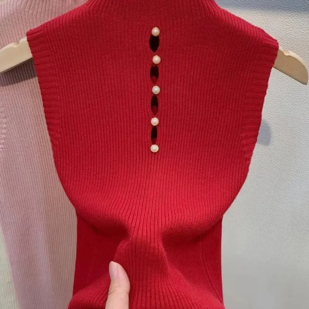 Rompi Rajut Warna Solid Elegan Kaus Pelangsing Tanpa Lengan T-Shirt Tank Top Setengah Turtleneck Wanita — image 12