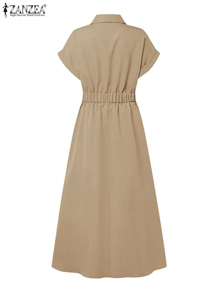Elegant Chic ผู้หญิงชุดยาวลำลองแขนสั้นคอเอวสูง Casual & Day เสื้อชุดสีทึบ S-3XL — image 4