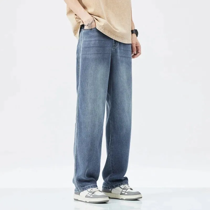 Stretch Jeans Männer 2024 Neue Lyocell Stoff Hohe Qualität Weiche Lose Breite Hosen Elastische Taille Casual Denim Hosen Streetwear — image 4
