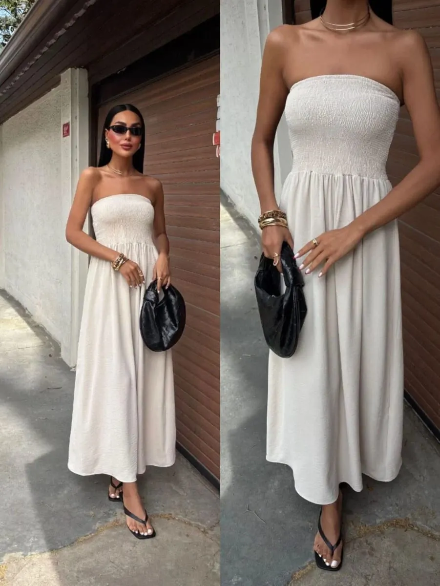 Robe longue sans bretelles, couleur unie, épaules dénudées, cintrée à la taille, pour femmes, nouvelle mode d'été 2026 — image 3
