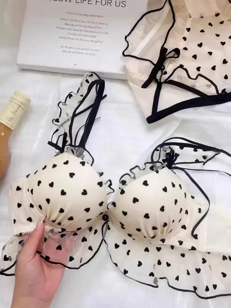 Simple léger luxe amour imprimé sous-vêtements en dentelle ensemble femmes petits seins rassembler Sexy pur désir doux soutien-gorge mignon soutien-gorge — image 3