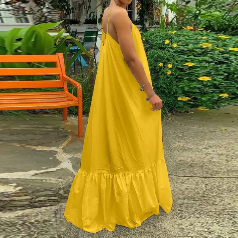 Spring Dress For Women Sexy Solid Strap Dress Pocket Loose Backless Big Swing Dresses Holiday Dresses For Women Wedding Guest — image 2