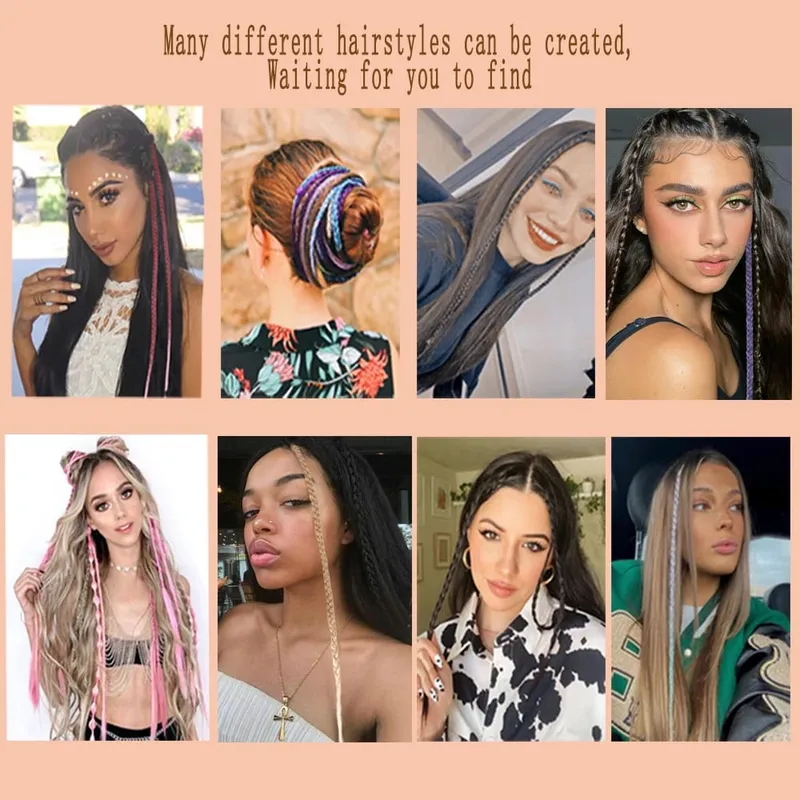Extensions synthétiques à clips pour femmes, 5 pièces/lot, queue de cheval tressée arc-en-ciel, postiche ombré de 22 pouces, tresse en boîte avec Clip — image 5