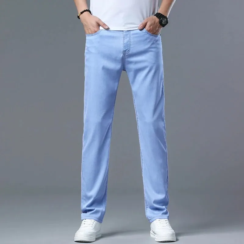 2025 sommer Neue männer Sky Blue Schlank Stretch Jeans Lyocell Dünne Stil Mode Lässig Eis Seide Denim Hosen Männliche marke Hosen — image 3