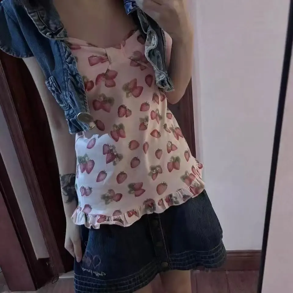 Sød Dame Spaghetti Strap Tank Top Jordbærmønster Sløjfe Ornament Flæsekant Slank Sweet Cottagecore Daily Cami Top — image 3