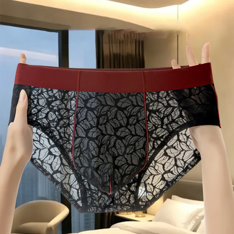 Men Ice Silk Ultra-thin Brief Underwear Seamless Lace Jacquard Breathable Pantie 3D Bulge Pouch Transparent Mesh Lingerie — image 7