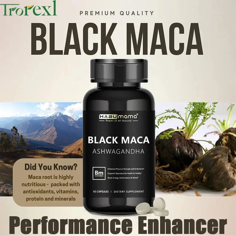 Maca noire biologique -60 comprimés 100% purs sans OGM, soutient la santé reproductive, énergisant naturel, rehausseur de performances d'endurance