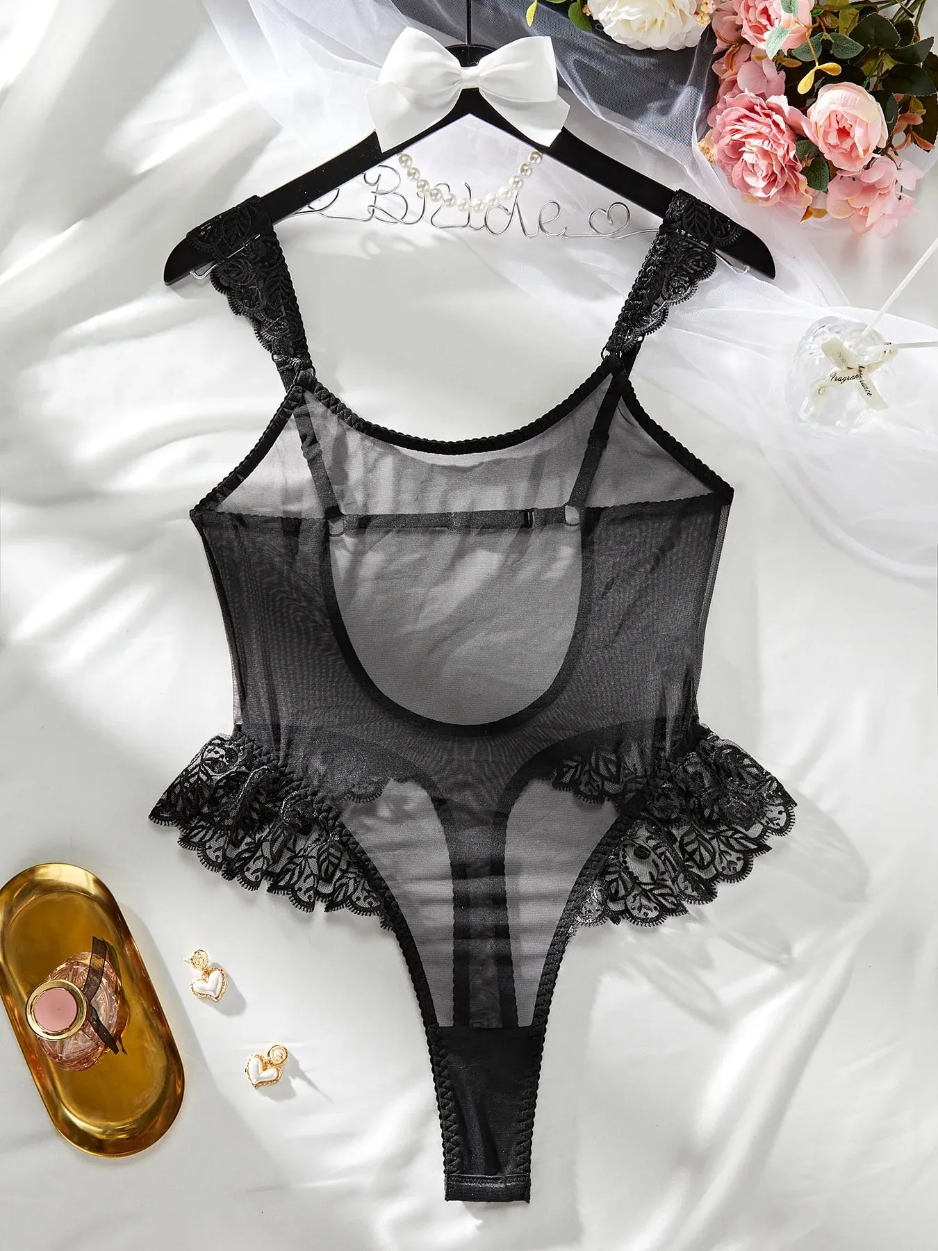 Bagong Sexy Bodysuits Ruffled Edges Patchwork Mesh Sexy Perspective Backless Deep V Suspender Walang Sleeveless Bodysuits Charming 5ZAL