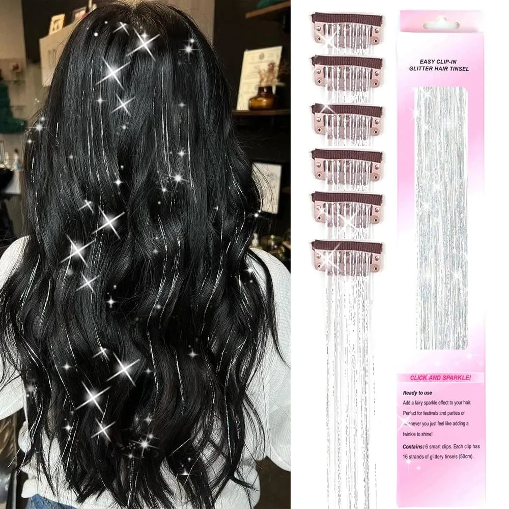 Hair Tinsel Pack Of 6Pcs Clip In Hair Tinsel 20Inch Colorful Glitter Tinsel Hair Extensions Festival Gift Tinsel Fairy Hairpiece — image 2