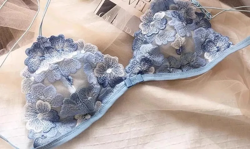 Conjunto de lencería de nicho francés, Bralette con copa triangular de malla bordada, sin aros, encaje Retro, sujetador fino y Sexy cómodo, Tushy MOYISU de EE. UU. — image 9