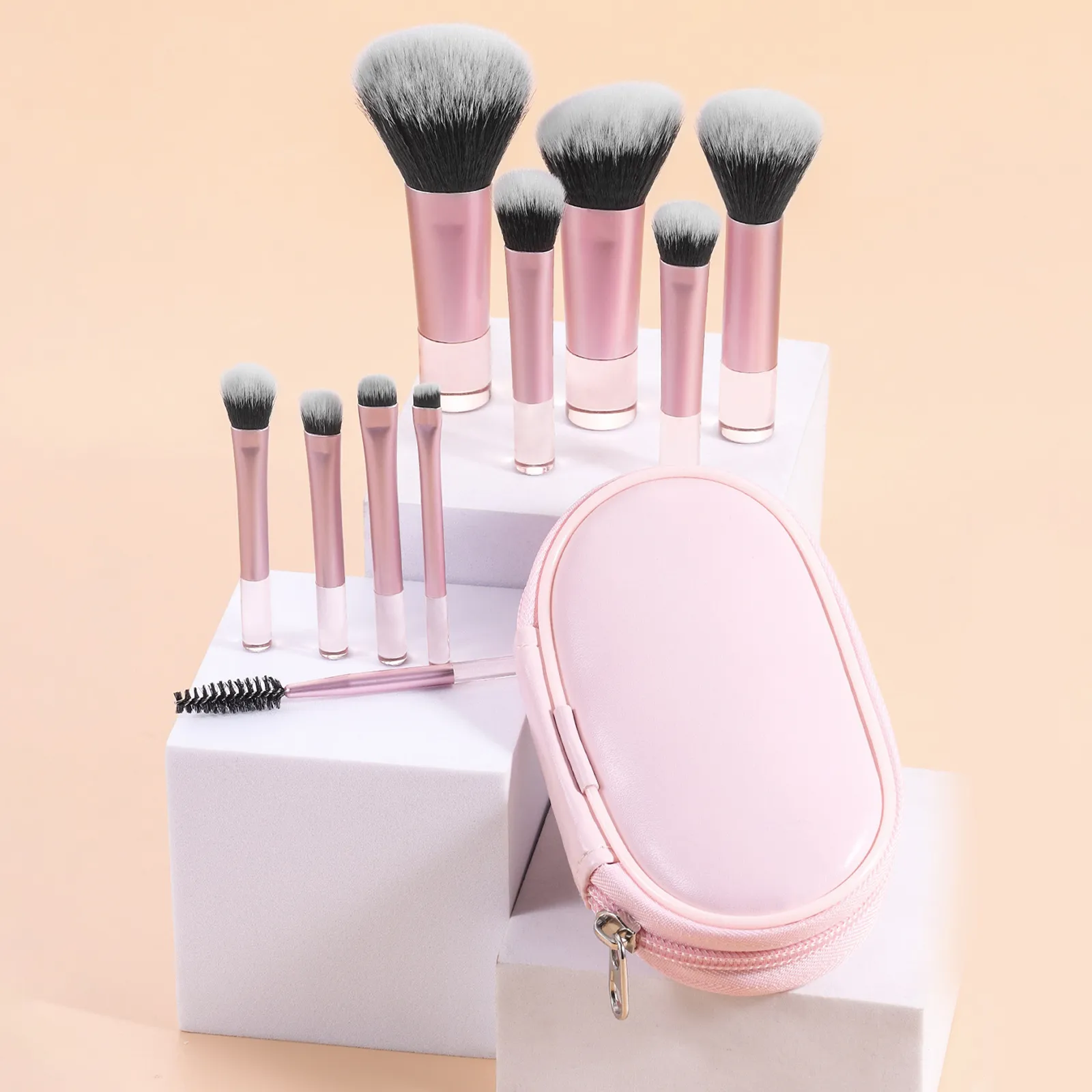 10 Mini pennelli per trucco rosa da viaggio Strumenti per trucco portatili Puff per trucco - Set di strumenti per trucco professionale con pennelli per palmo