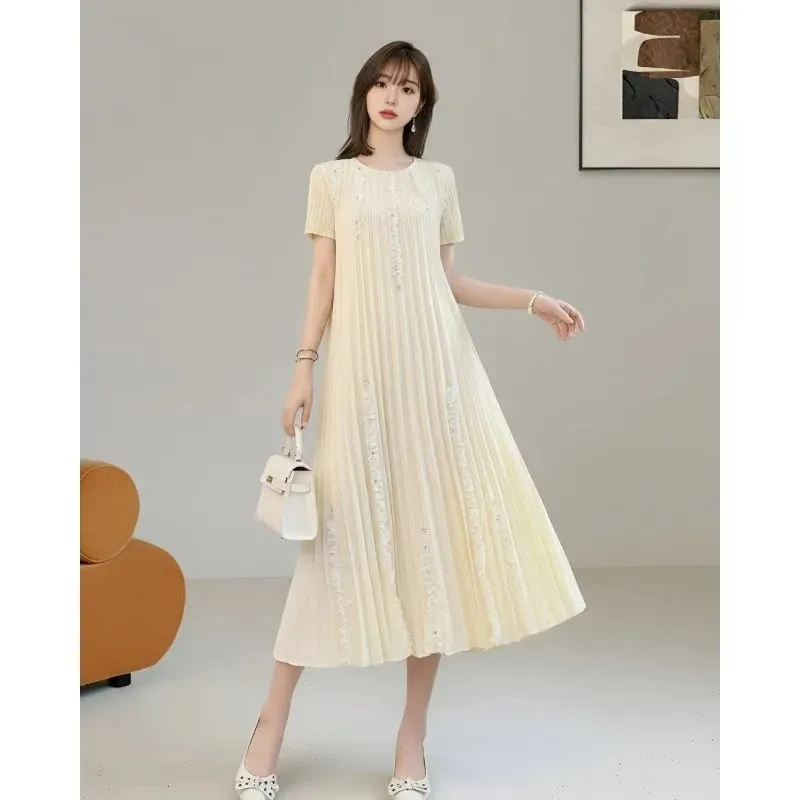 Miyake Abiti eleganti a pieghe Donna 2026 Estate Nuova vacanza Abito in tinta unita Pieghe allentate Manica corta Plus Size Abito pieghevole — image 4