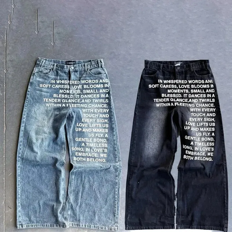 American Retro Lelaki Seluar Jeans Bercorak Huruf Bercorak Jalan Tinggi Y2K Goth Wanita Uniseks Longgar Kasual Seluar Mop Kaki Lebar — image 8
