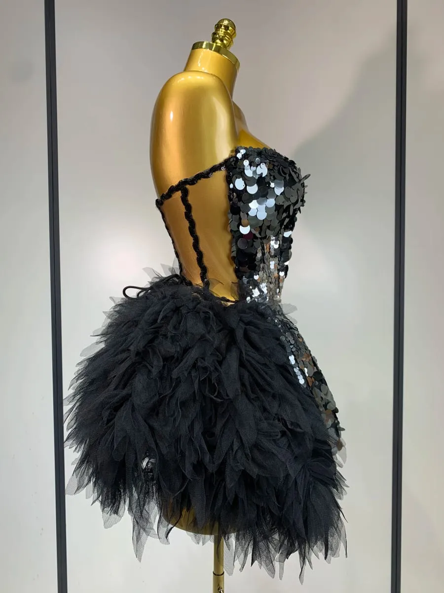 Sparkly Black Sequins Two Pieces Set for Women Party Evening Prom Celebrate Birthday Photo Shoot Dress Nightclub Dance Costume — image 3