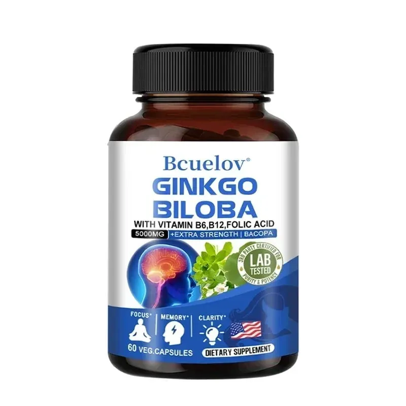 Ginkgo Biloba 5000 mg Extra Fuerte - Apoya la función cerebral y el enfoque de la memoria Alivio del estrés 120 cápsulas vegetales — image 8