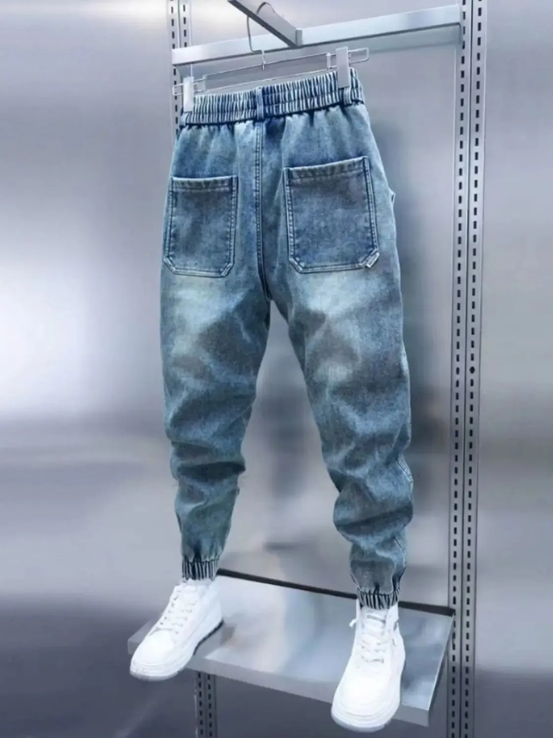 Drawstring Menswear Clothing Handsome Spring New Men's Jeans Korean Elastic Waist Buttons Decorative Fashion Harlan Pants Men — image 3