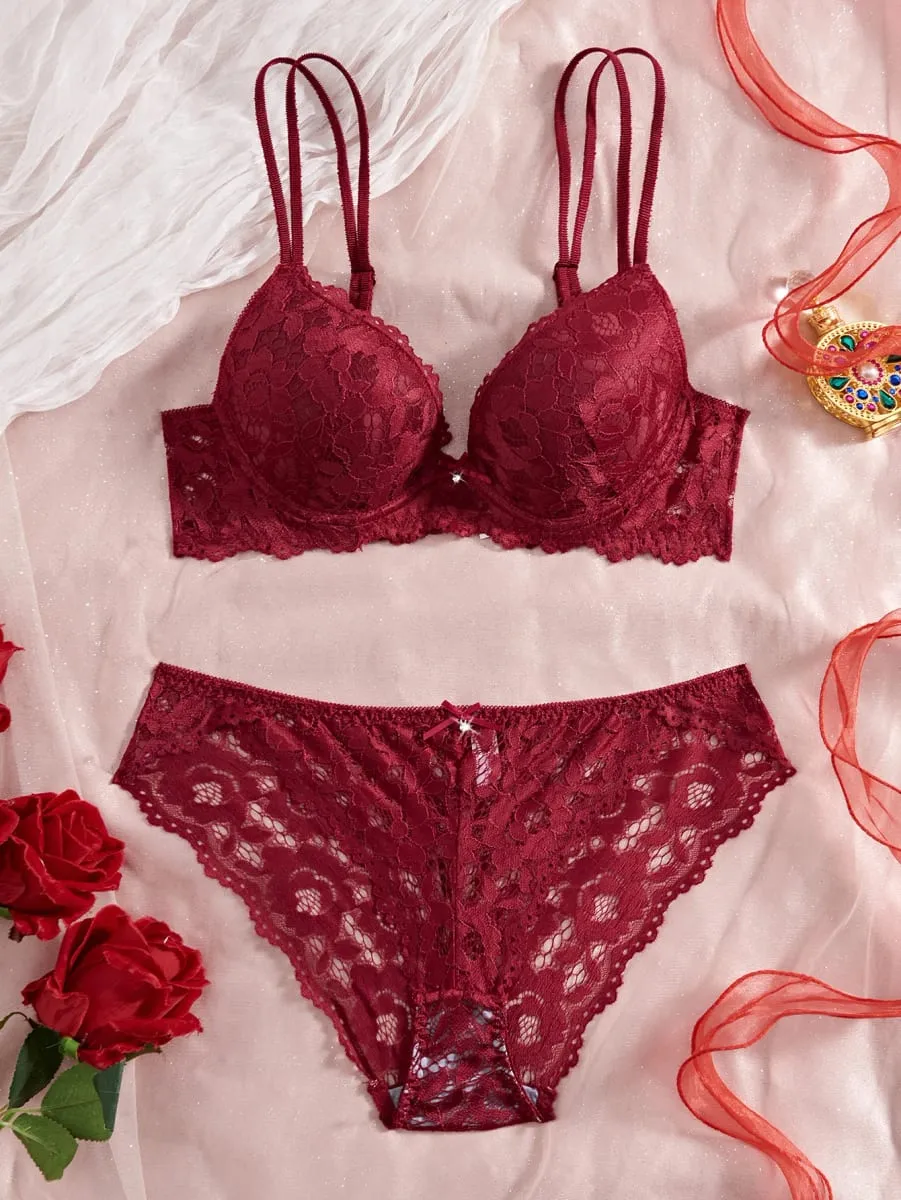 Set Lingerie Seksi Wanita Renda Tambal Sulam Warna Polos Ikatan Simpul Berlian Imitasi Hiasan Push-Up Tali Bahu Ganda Tidak Bergaris Pakaian Dalam Nyaman Celana Dalam Renda Semi Transparan Bernapas — image 4
