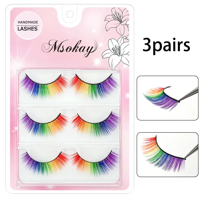 3 คู่สายรุ้งสีขนตาสีน้ำตาลคอสเพลย์ขนตาปลอมสีบลอนด์แต่งหน้า Eye Lashes สีสันสีฟ้าฮาโลวีนมังสวิรัติ Cilias