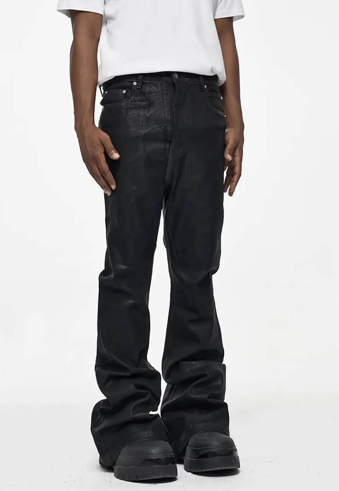 Jeans Panjang Lantai Berkobar Mikro Dilapisi High Street 2026 untuk Pria Celana Wax Mikro-elastis Longgar Pakaian Jalanan Retro