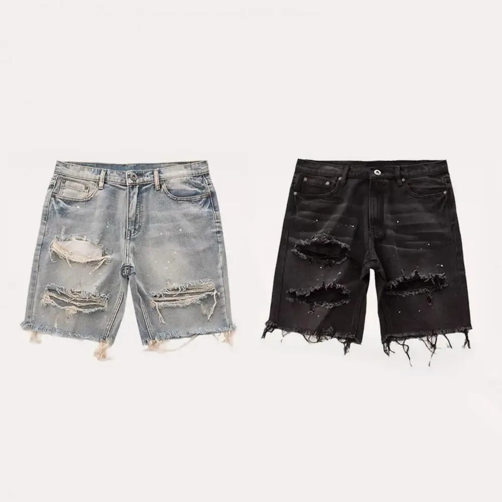 Pantaloncini estivi da uomo in denim effetto invecchiato con bottoni con cerniera e tasche multiple Jeans corti vestibilità dritta con fori strappati lunghezza al ginocchio invecchiato — image 6